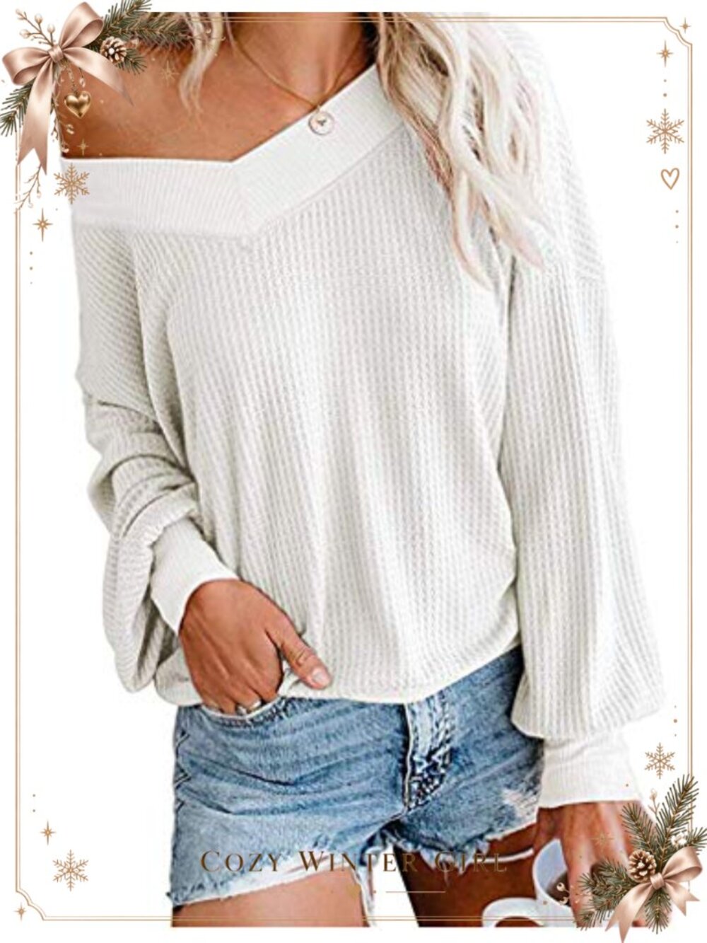 Waffle Knit Off Shoulder Oversized Pullover Sweater Long Sleeve V Neck